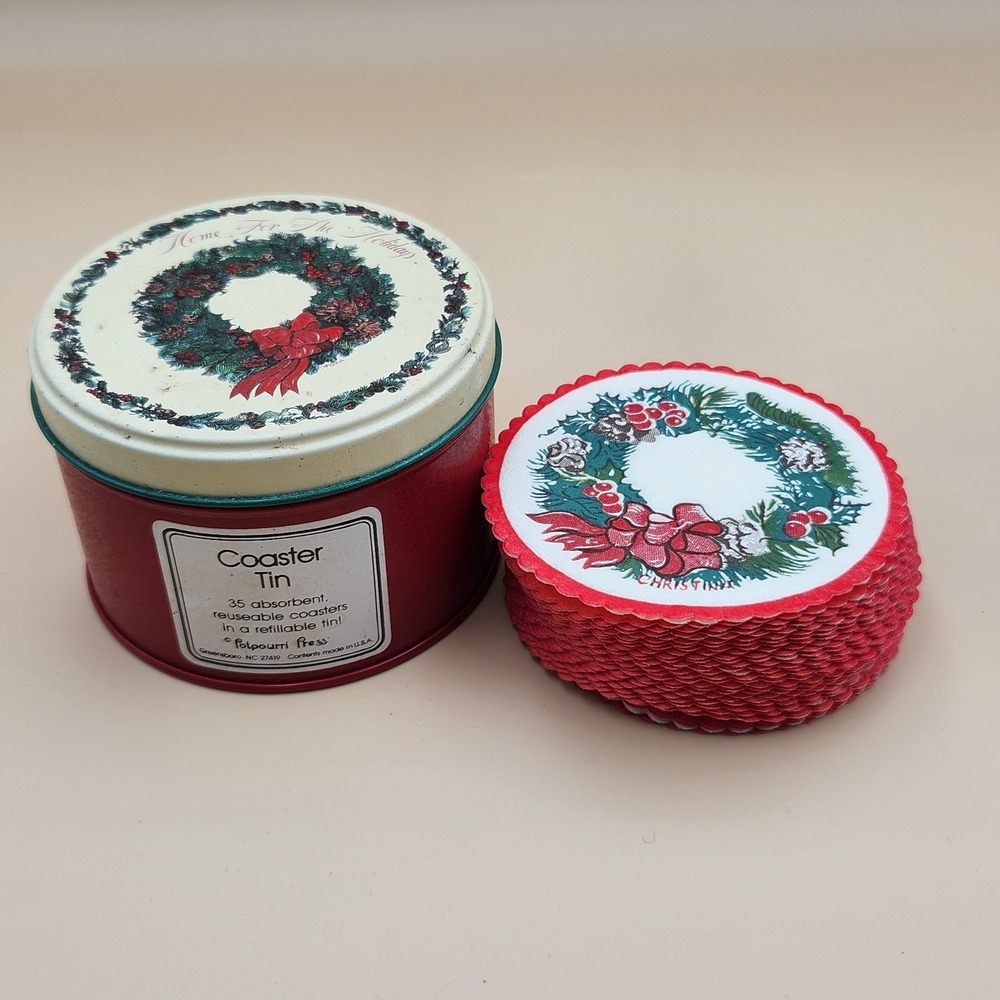 VTG 1989 Potpourri Press Christmas Holidays Paper Coasters & Tin Country Cottage